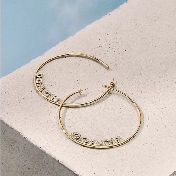 NWT Coach massive huge gold tone Signature Logo Hoop Earrings with rhinestones - Picture 2 of 13